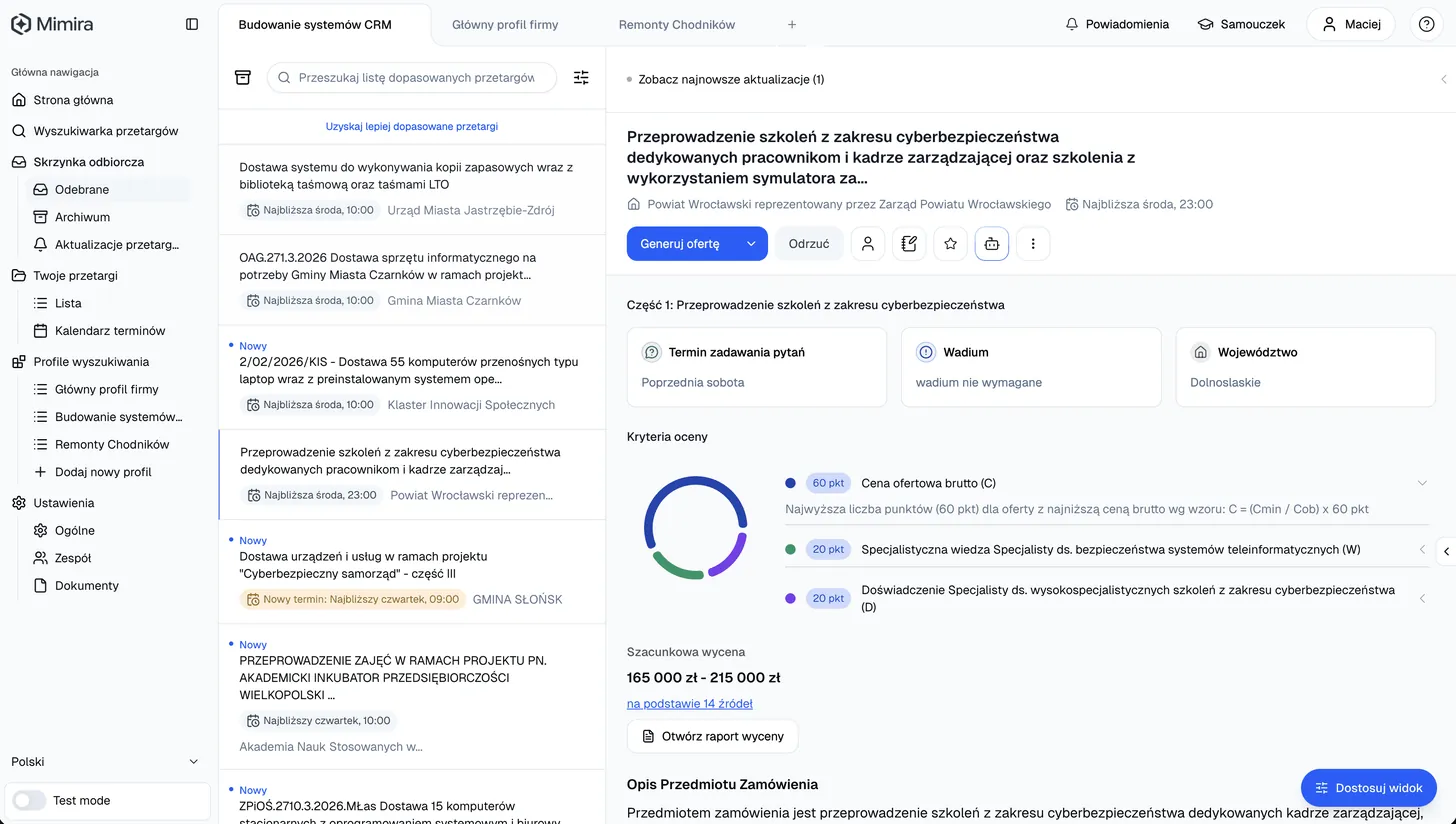 Skrzynka odbiorcza i analiza przetargu w platformie Mimira
