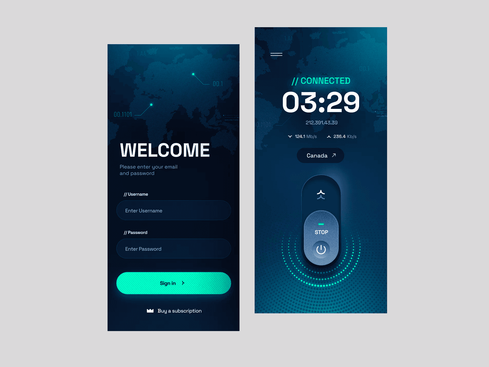 StratoSync® mobile app screens showing the login and connected VPN interface.