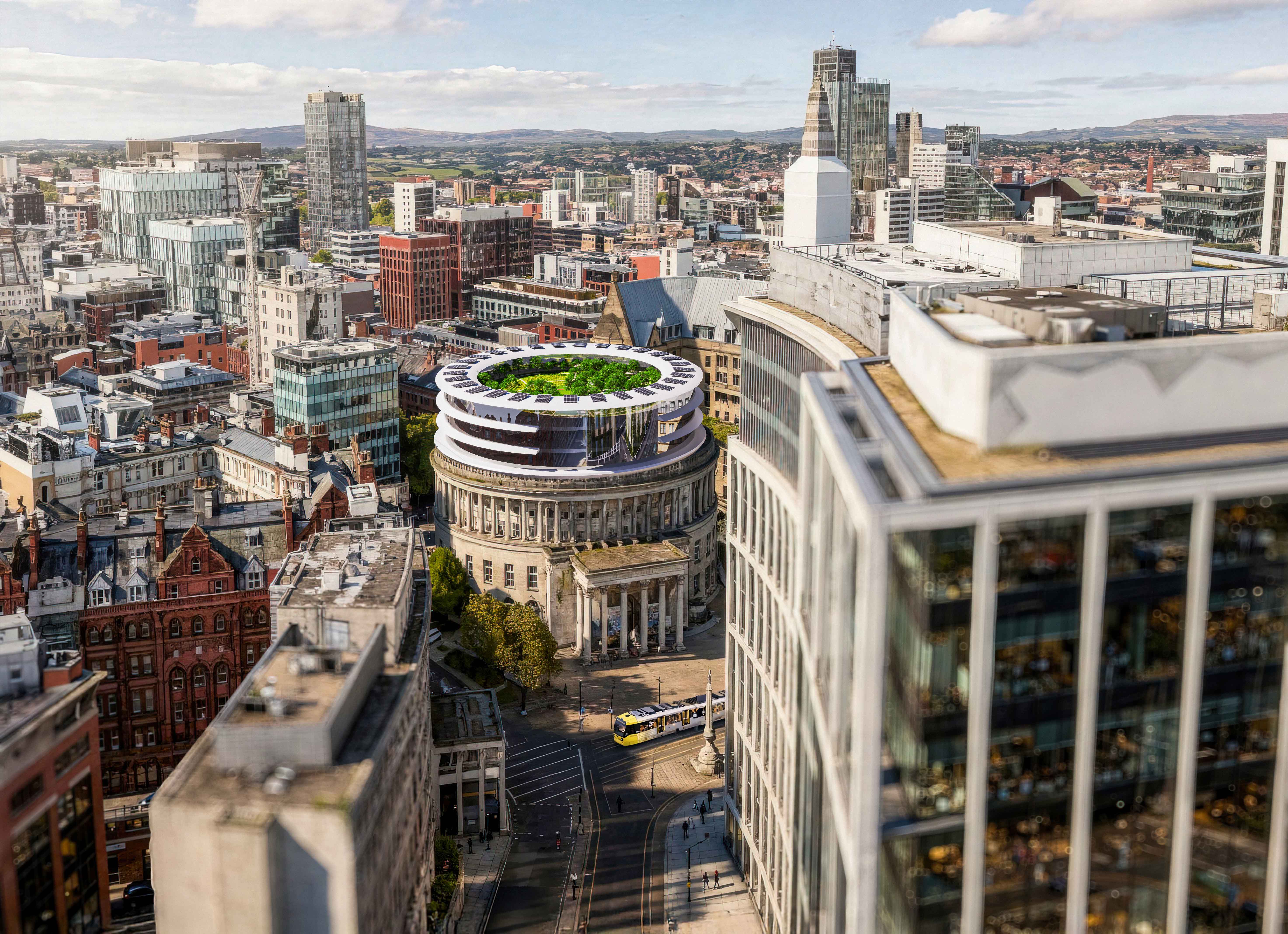 Aerial cityscape of Manchester featuring Manchester Central Library with a contemporary rooftop garden extension, surrounded by modern and historic buildings and Metrolink tram lines. Photorealistic architectural visualisation and CGI concept by Pixelspaces, highlighting urban design and property development in Manchester.