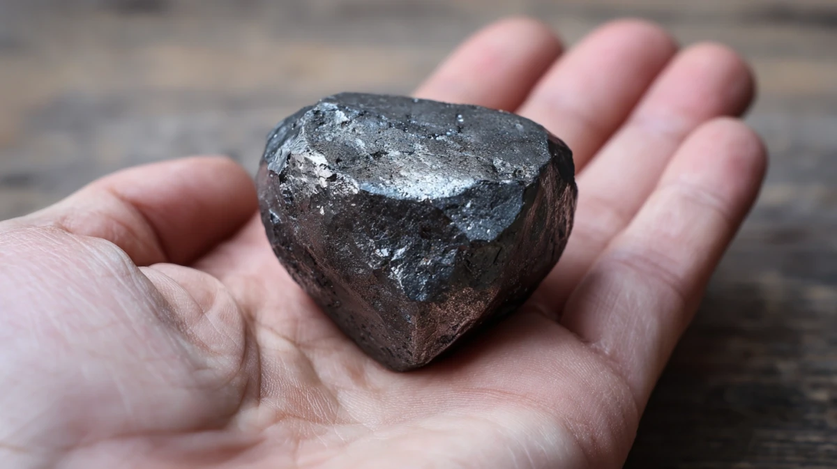 Hematite stone held in palm showing metallic weight