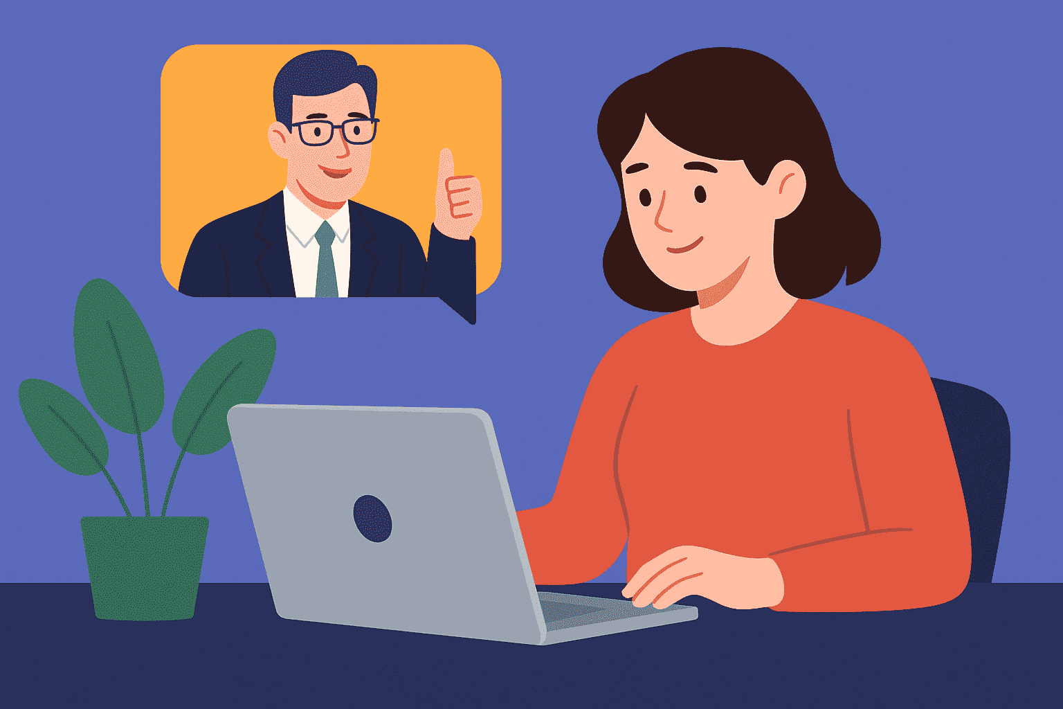 Flat-style digital illustration showing a manager introducing time tracking software to a remote worker through a video call, symbolizing smooth adoption, communication, and trust in remote team management.