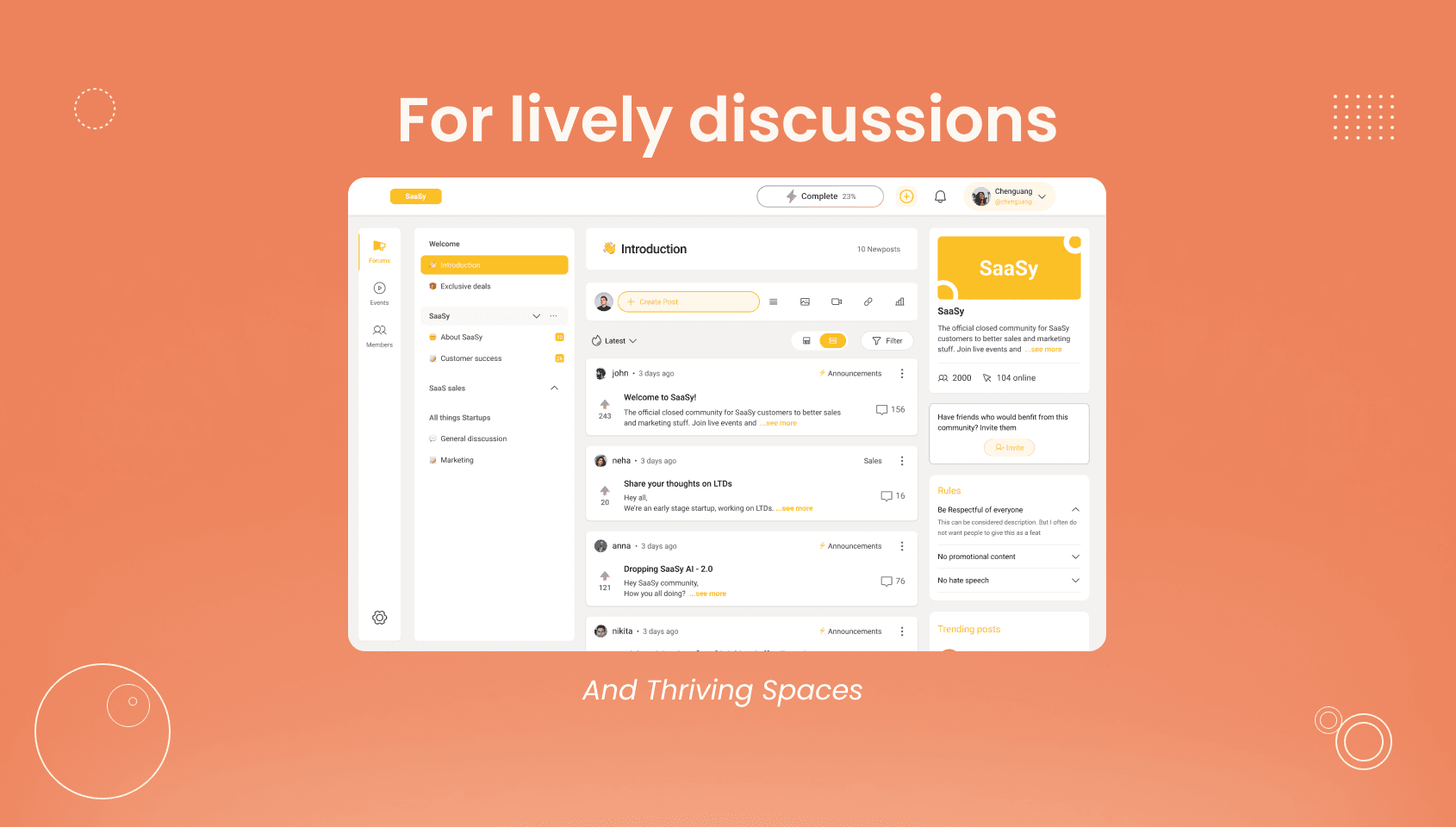 Forums user interface of a creator community built using Wylo, showing thriving discussions among the creator and members.