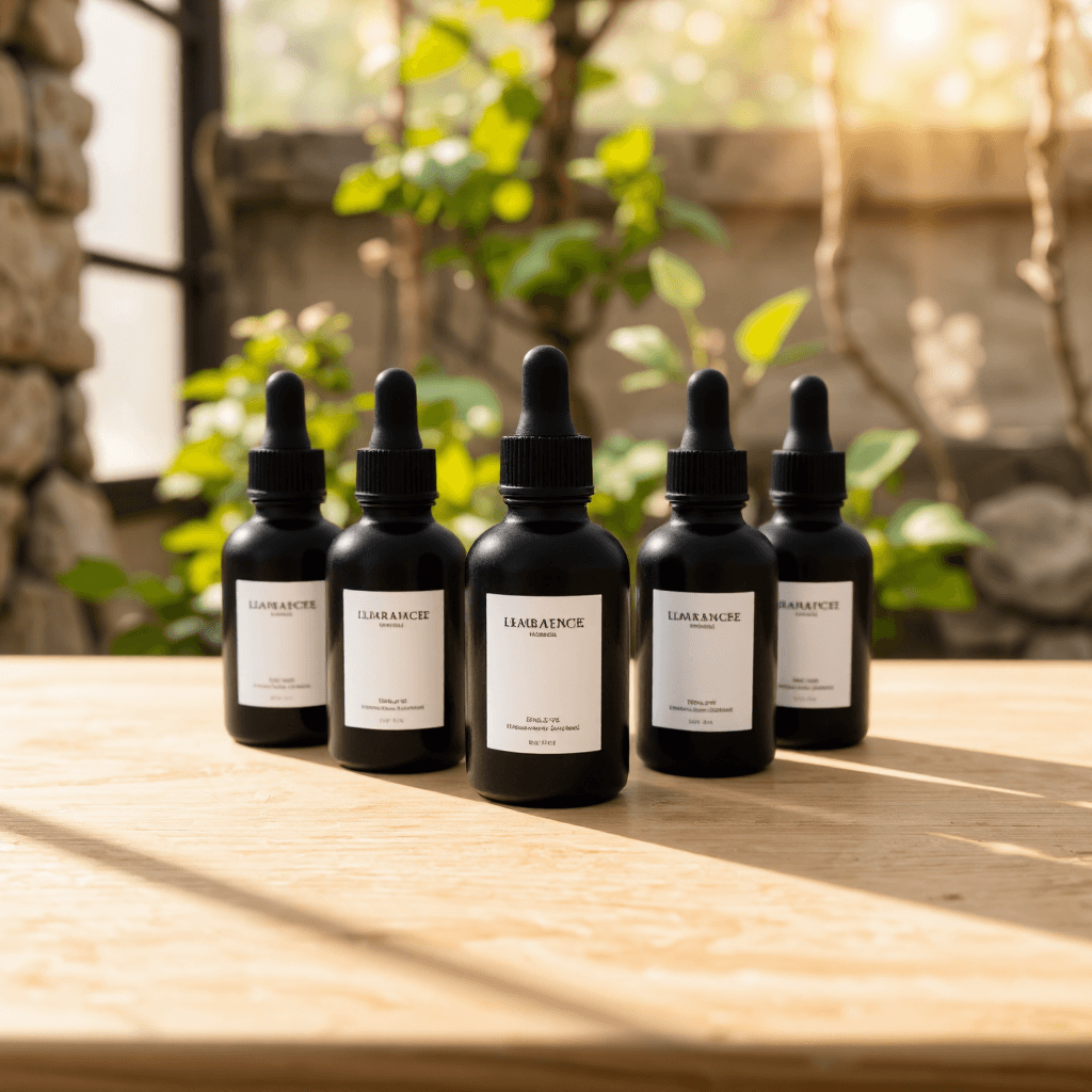 product photography of a set of essential oil bottles for aromatherapy