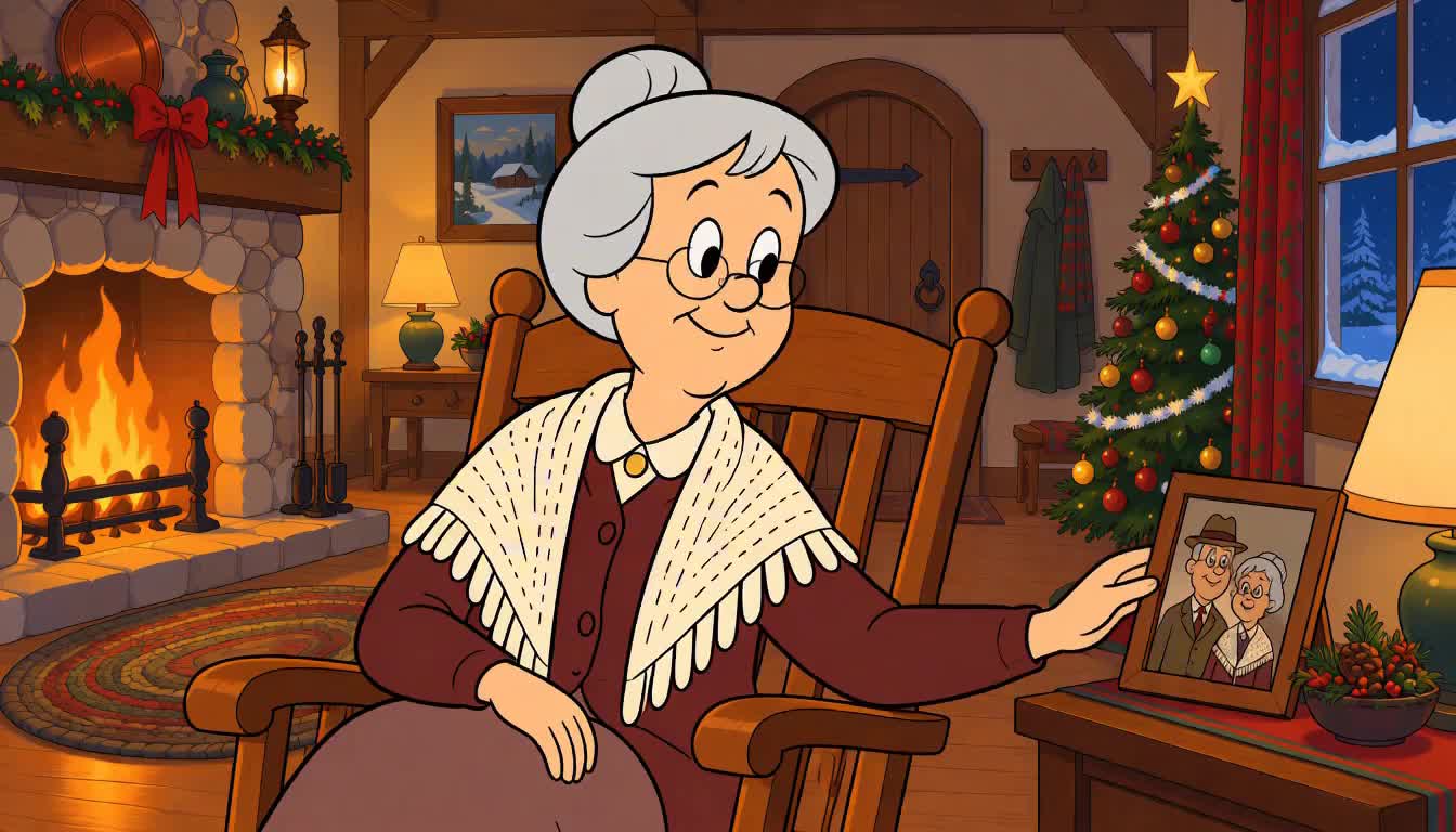 Grandma Rose touching an old photo of herself with a young Noah