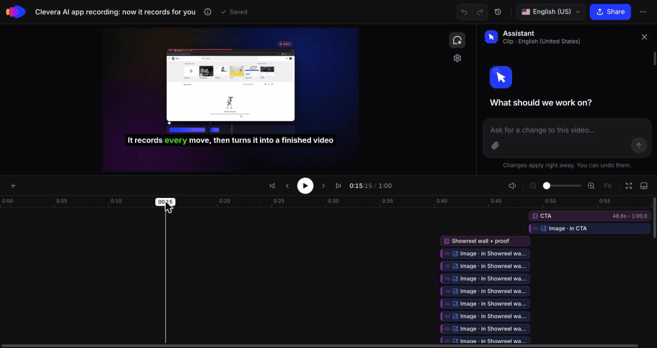 A generated feature announcement in Clevera's clip editor, with captions on the preview and the Assistant panel open