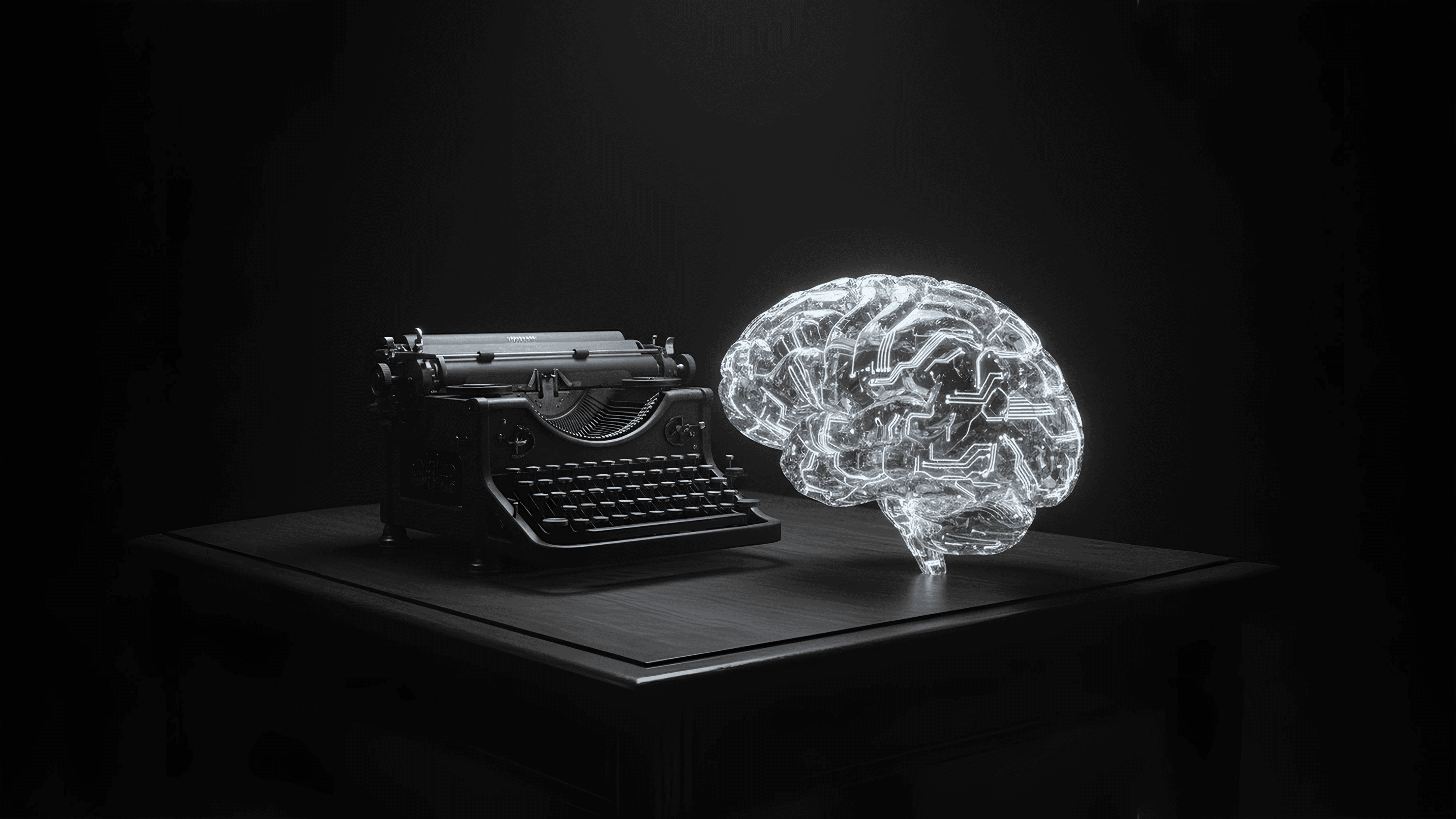 Glowing human brain connected to a vintage typewriter