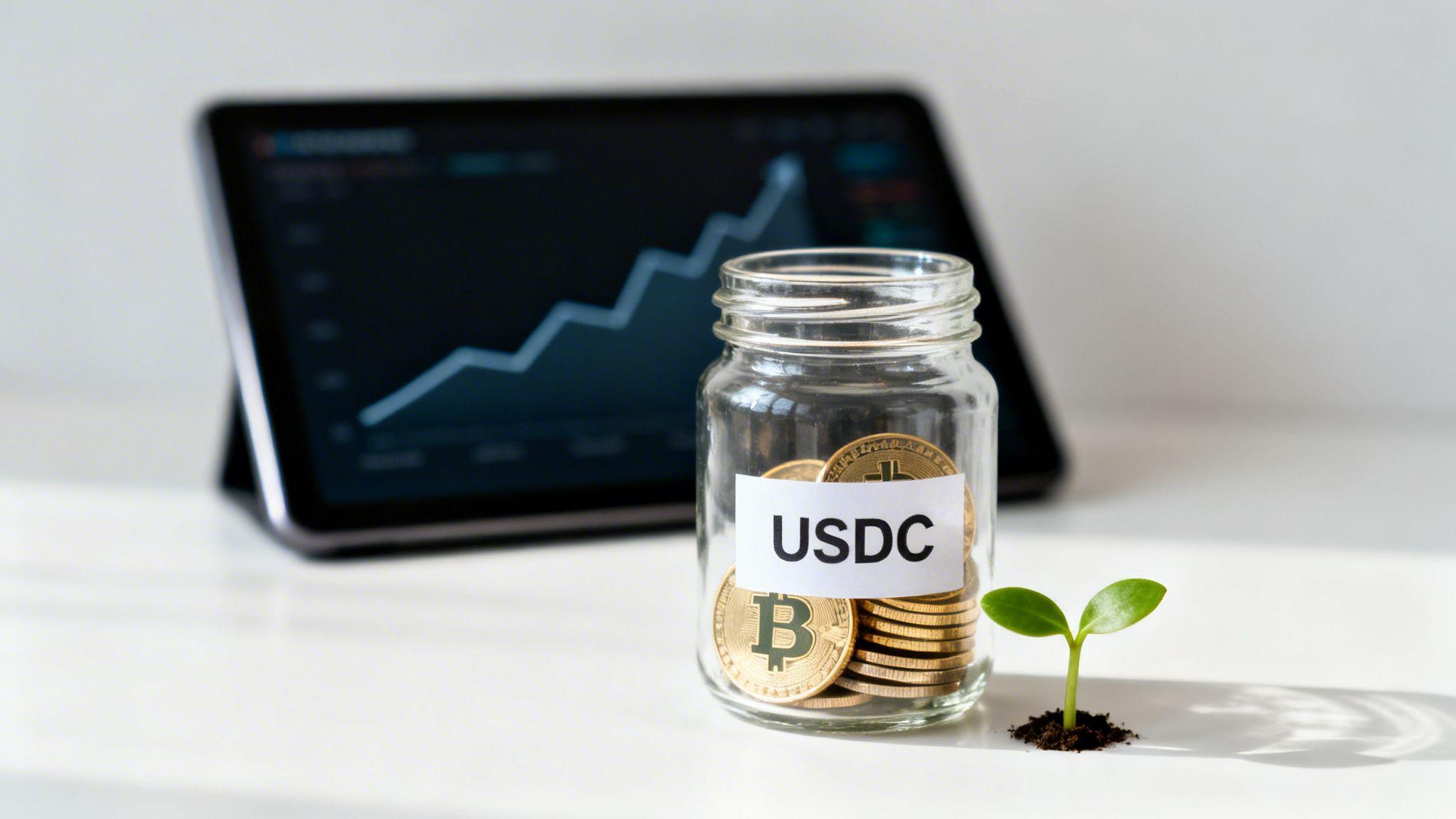 A glass jar filled with USDC and Bitcoin coins, a small plant, and a tablet showing a rising graph.