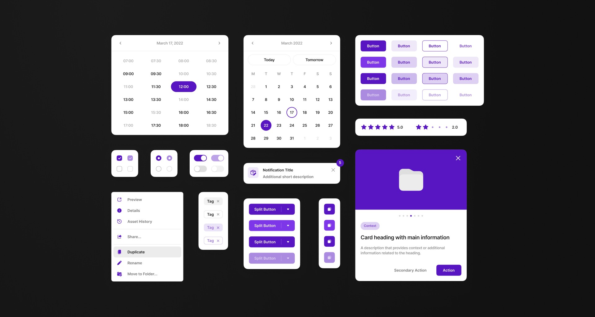 Design system components in purple.