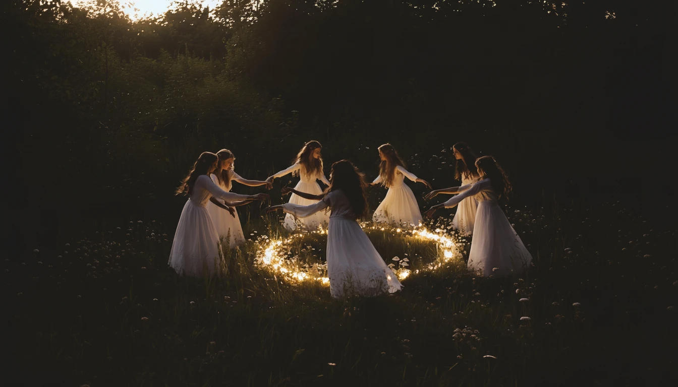 a group of seven woman in white, long, and ethereal white dresses dance around a circle of fire in the twilight representing the circle of life