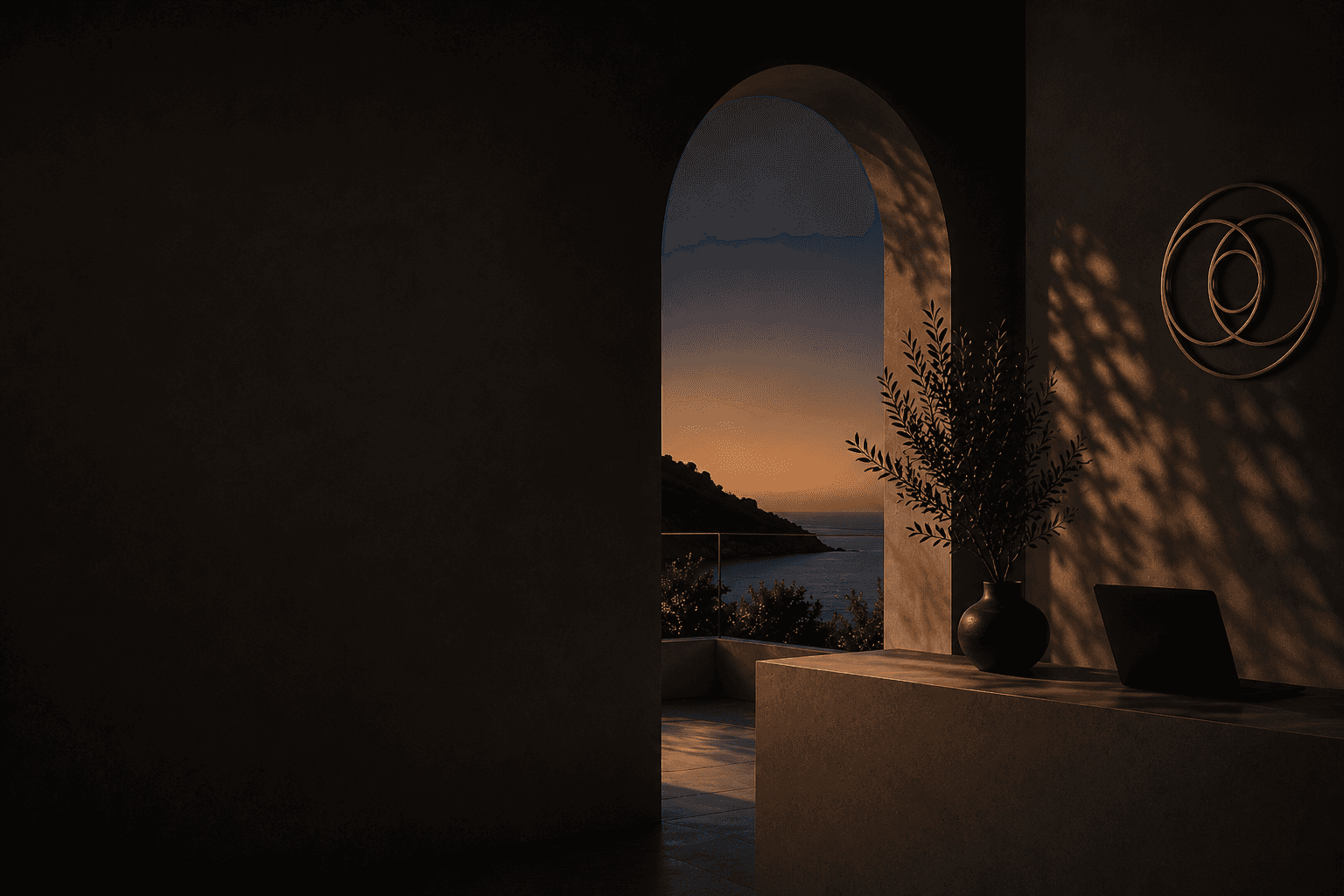 Neves footer background with warm hospitality interior.