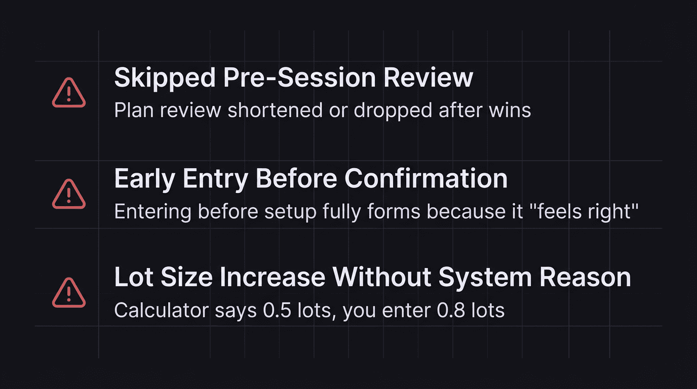 Checklist showing three warning signs of trading complacency with specific behaviors