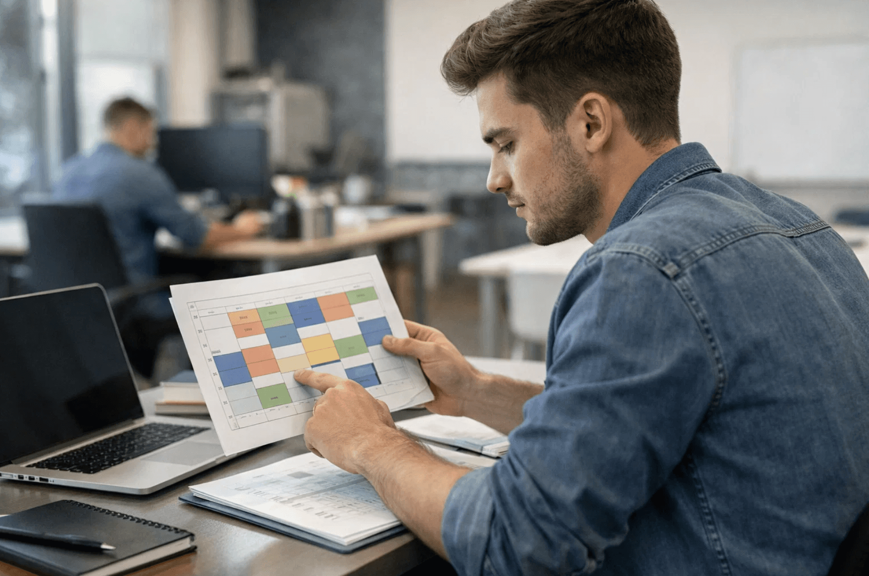 Alternant en contrat d’apprentissage consultant un planning de travail et de formation, illustrant les droits des alternants sur le temps de travail et la prise en compte des heures de cours comme temps de travail effectif.