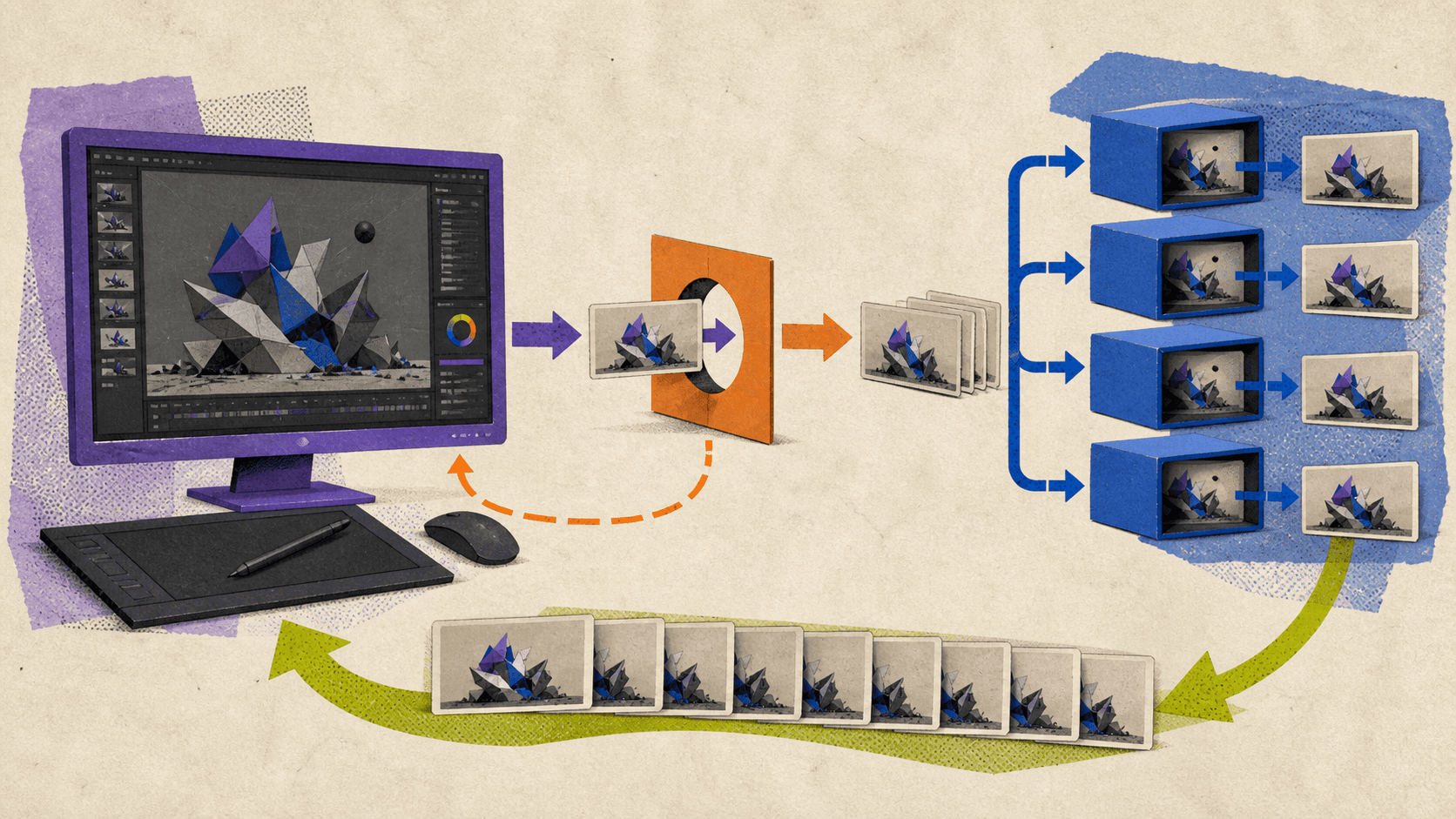 Hybrid workflow in which a remote workstation prepares and checks a project before parallel render nodes process the frames and return them for review.
