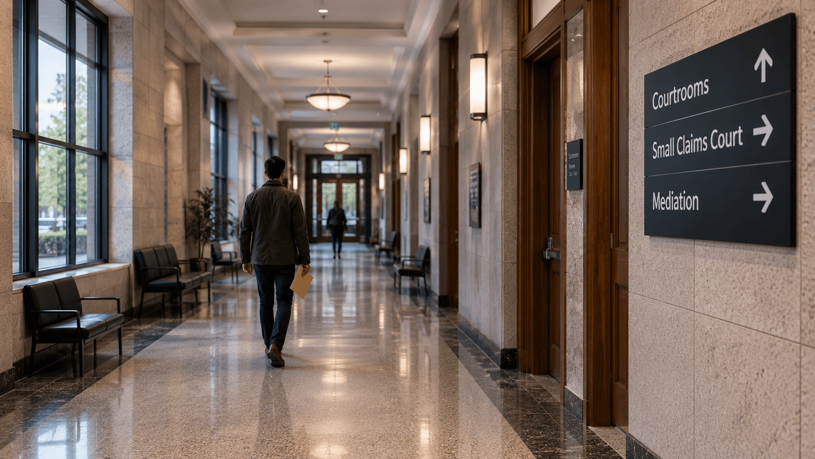 Person walking through a courthouse corridor carrying legal documents on the way to a Small Claims Court proceeding in Ontario.