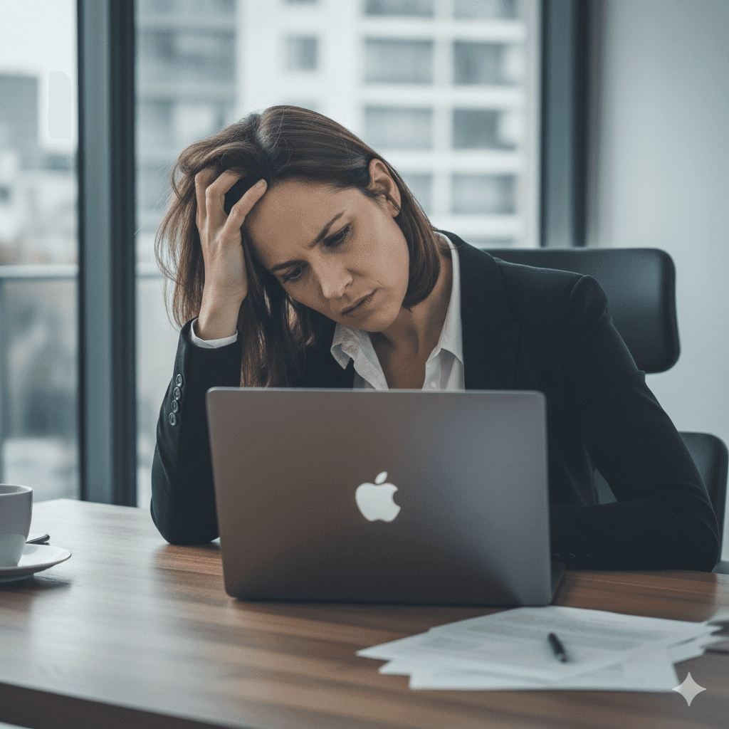 Business owner looking at her laptop in frustration.