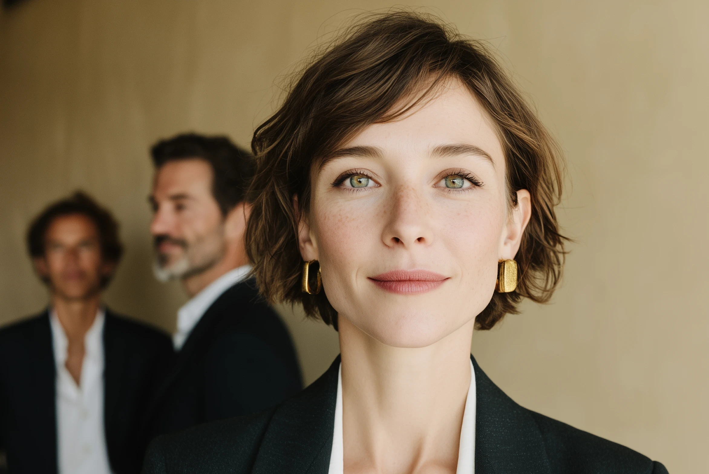 Female lawyer in front with two male lawyers behind
