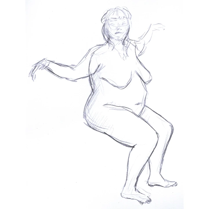 Life drawing of a corpulent woman sitting with her arms raised