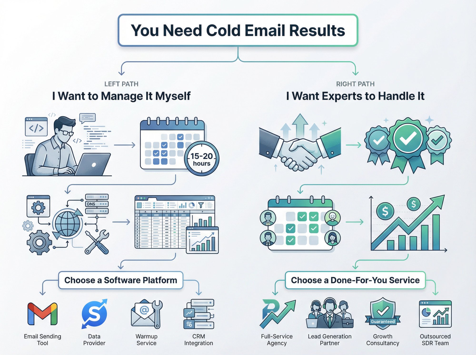 Decision flowchart showing when to choose done-for-you cold email service vs DIY software tool