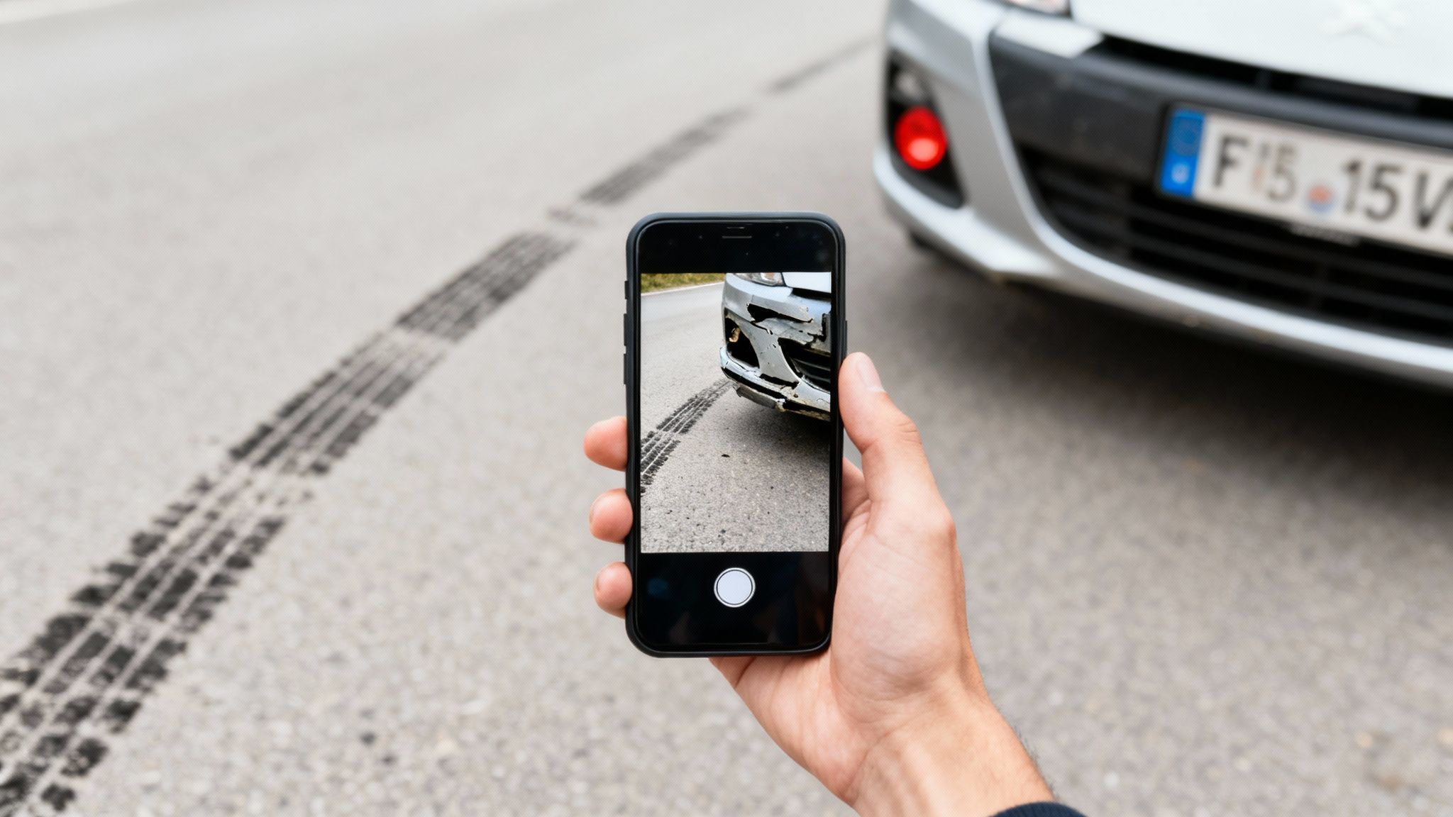 Person taking a smartphone photo of a car with a damaged bumper and skid marks on the road.