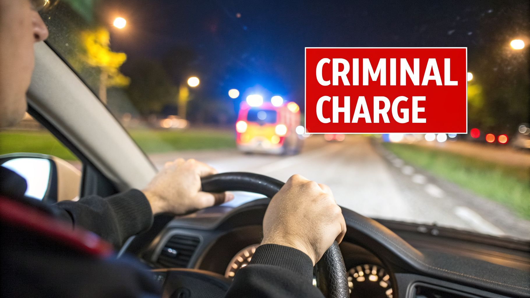 A person driving a car at night, facing an emergency vehicle with flashing lights and a 'CRIMINAL CHARGE' sign.