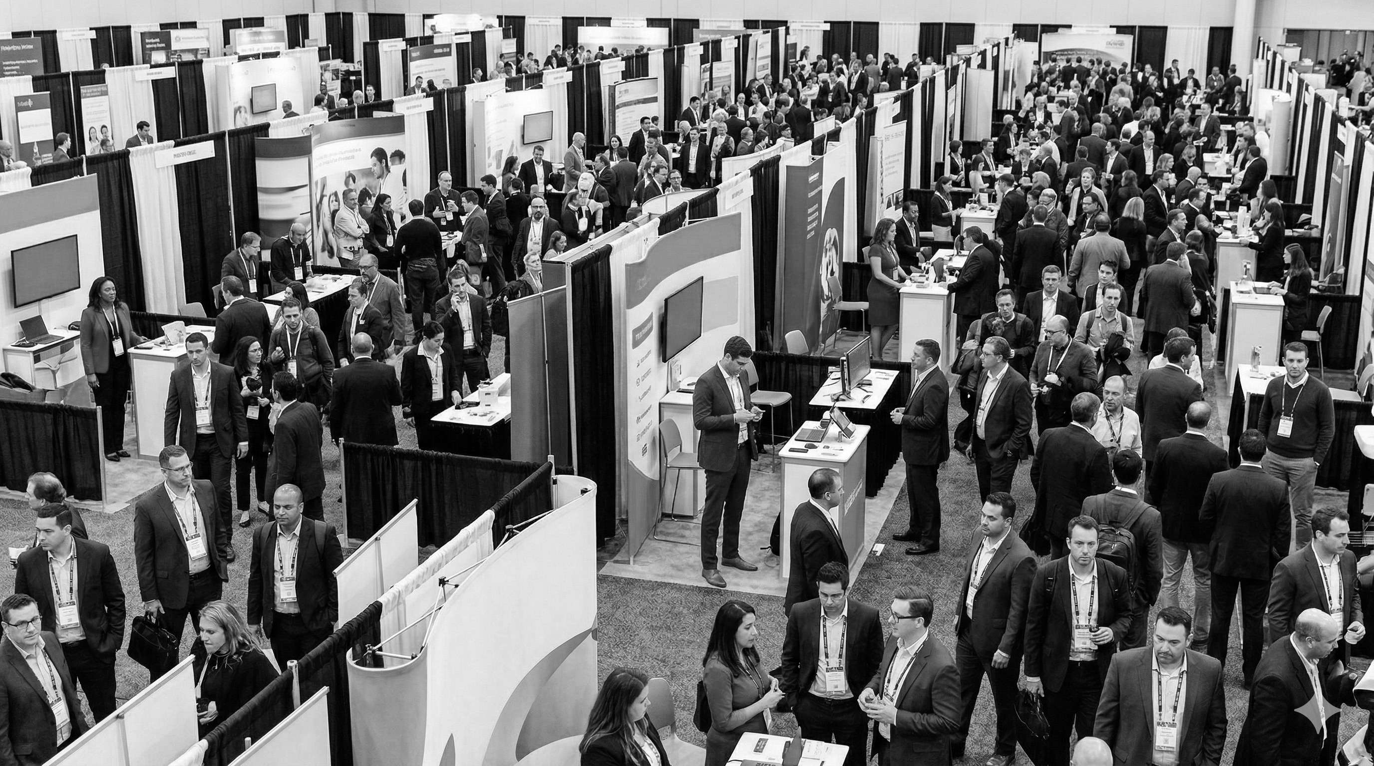 Busy convention hall with exhibition booths and professionals networking at a trade show.