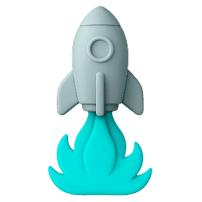 Teal rocket launching upward with flames