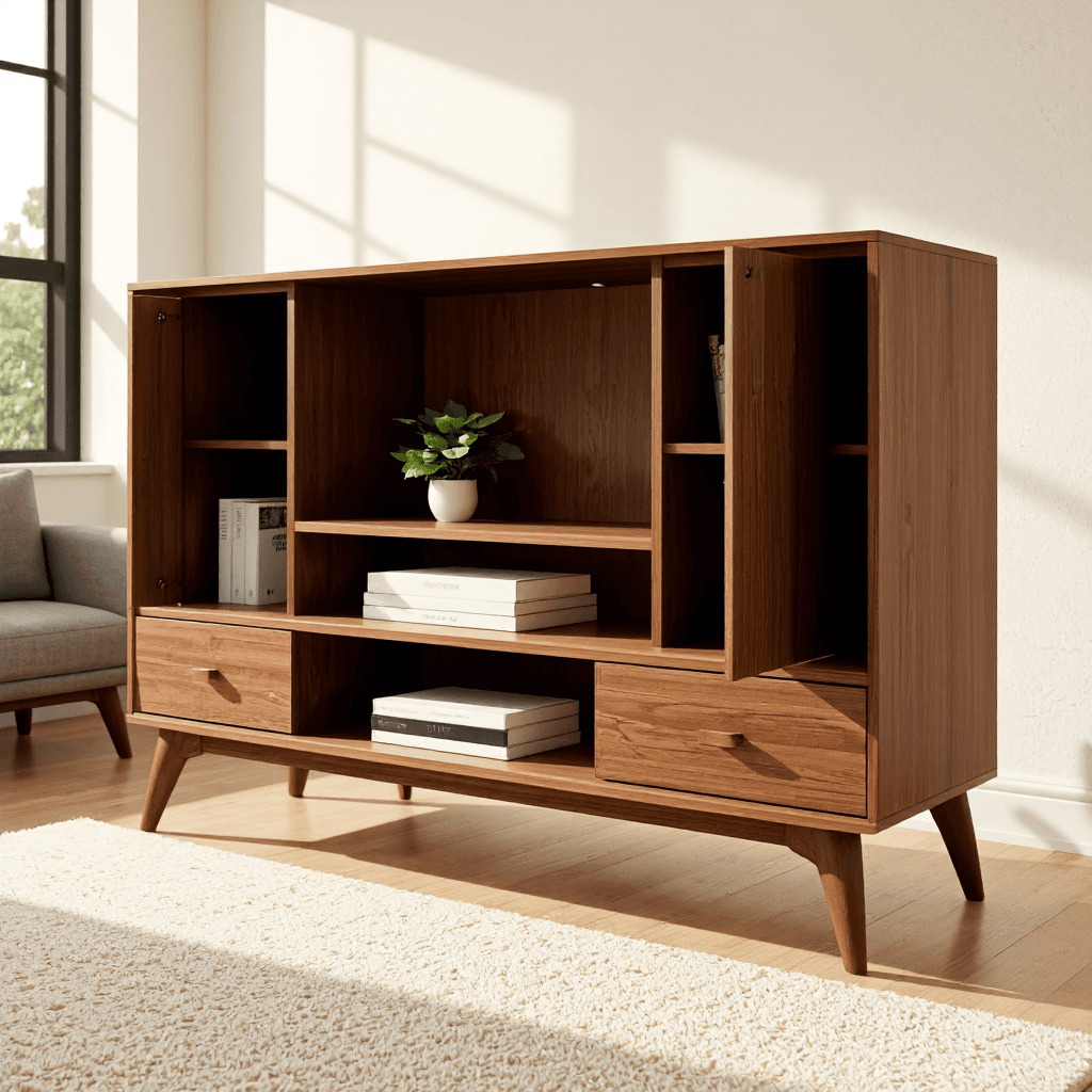 product photography of a wooden TV stand with storage compartments