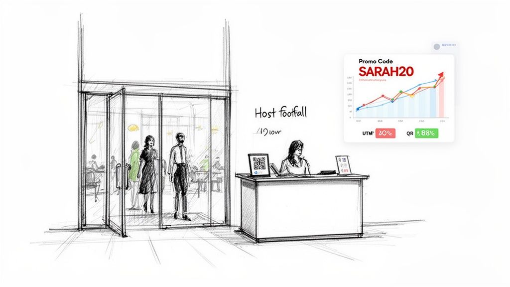 Sketch of an office entrance with people, a reception desk, and a dashboard displaying marketing analytics.