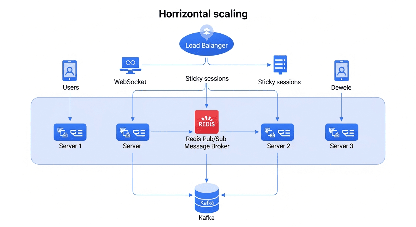 A clean technical architecture diagram showing messaging app horizontal scaling. Illustrate: a load balancer at the top distributing connections to 3 server instances (Server 1, Server 2, Server 3) in the middle layer, with Redis Pub/Sub as a central message broker connecting all servers, and a message queue (Kafka) at the bottom. Show WebSocket connections from user devices flowing through the load balancer with sticky sessions. Use modern, minimalist style with blue and purple gradients, clear labels and arrows showing message flow between components. Professional software engineering illustration style with icons for users, servers, databases, and message queues.