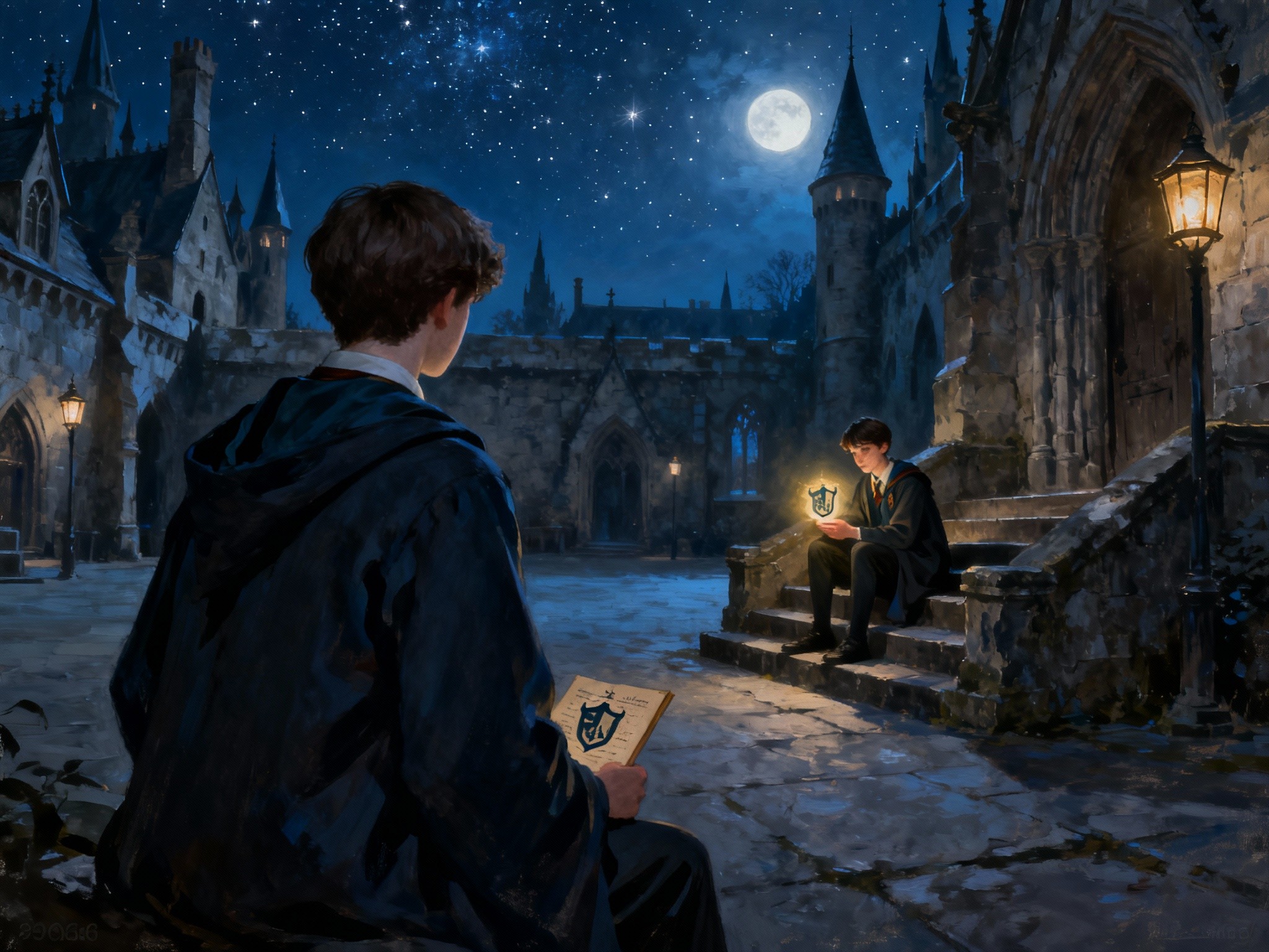 A wide landscape image portraying a nocturnal Hogwarts courtyard under a starry sky, illuminated by