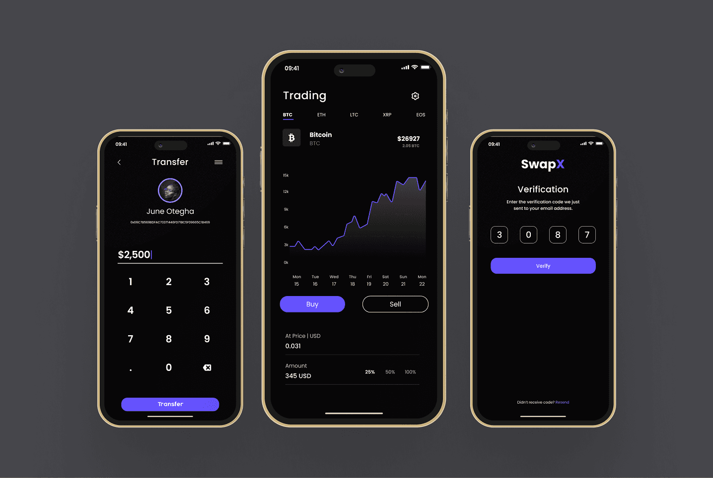 SwapX SaaS App Design - Buy & Sell Crypto pages with confirmation page