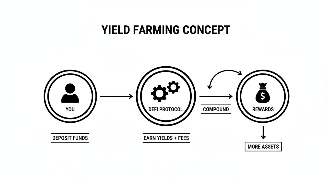 Diagram illustrating the yield farming concept: users deposit funds into DeFi protocols to earn and compound rewards.