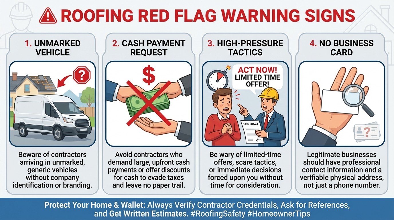 Visual checklist of door to door roofing scam red flags including unmarked vehicles and cash payment demands
