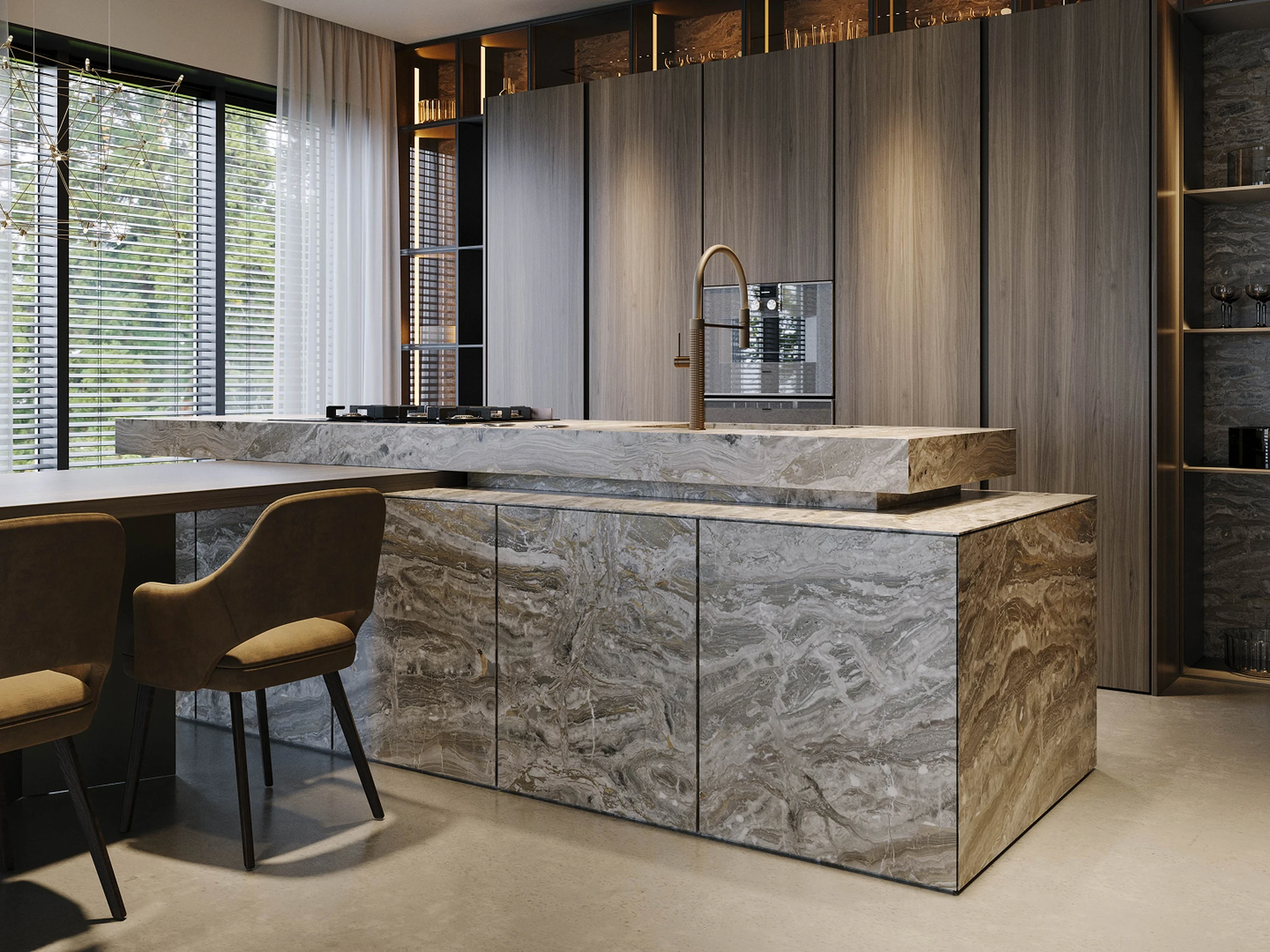 Cuisine — crédence minérale et éclairage sous meuble.