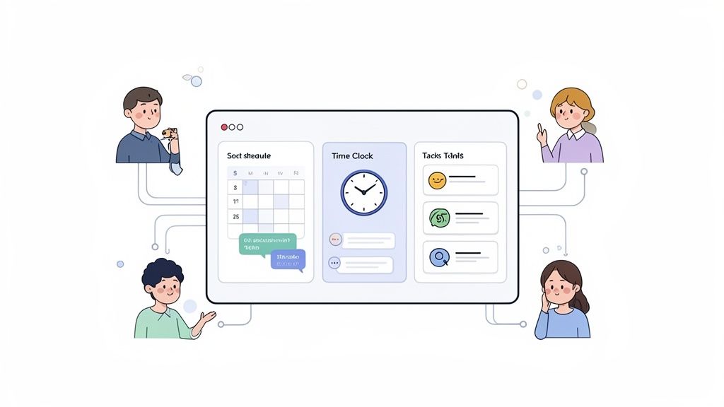 Four cartoon people interact with a shared digital screen showing a schedule, time clock, and task management.