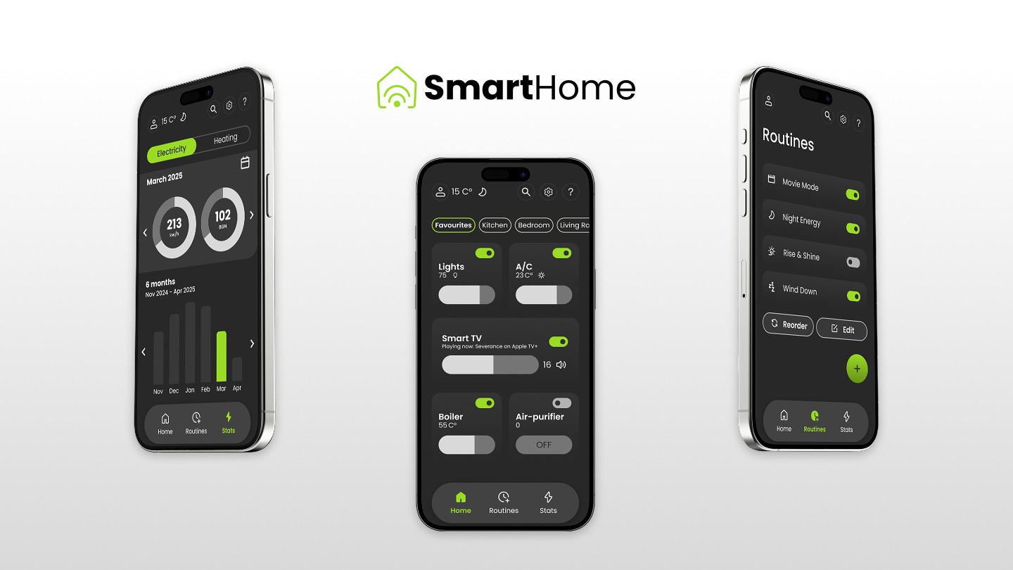 SmartHome mobile app screens showing dashboard, controls, and routines