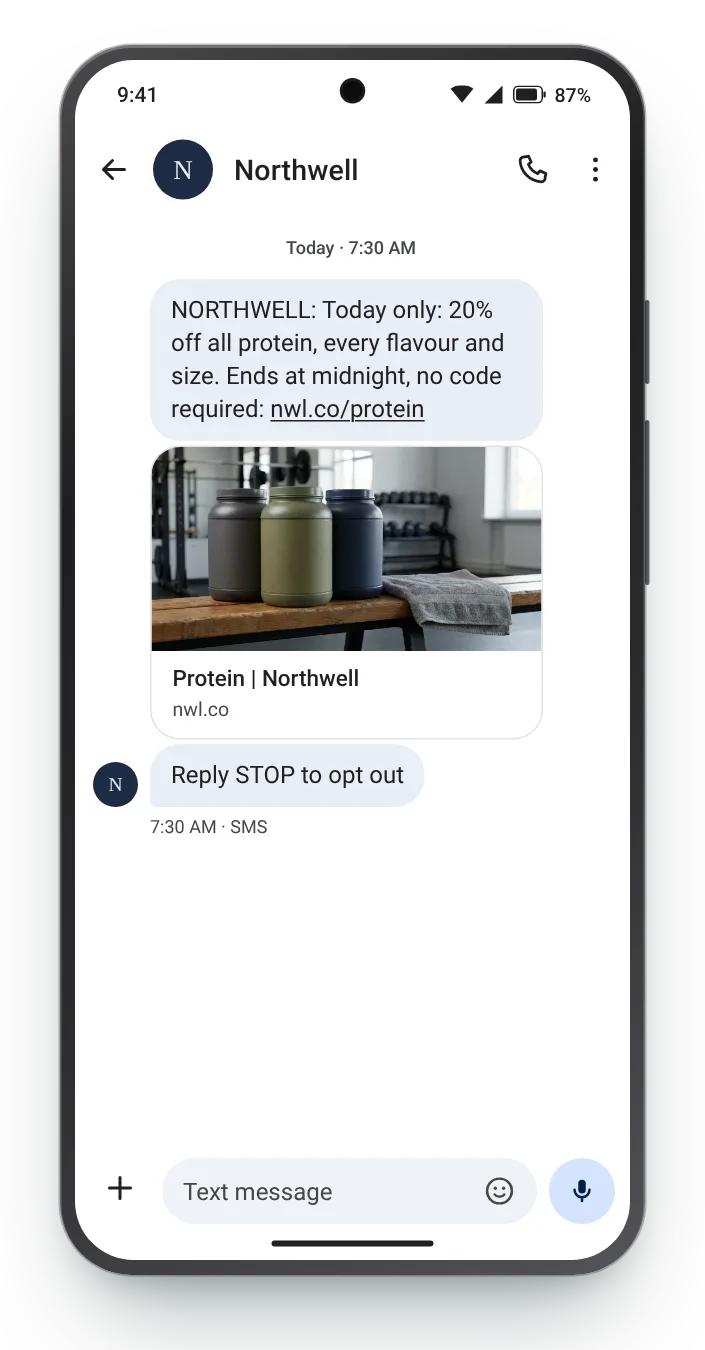 24 hours on a single category flash sale text on an Android phone