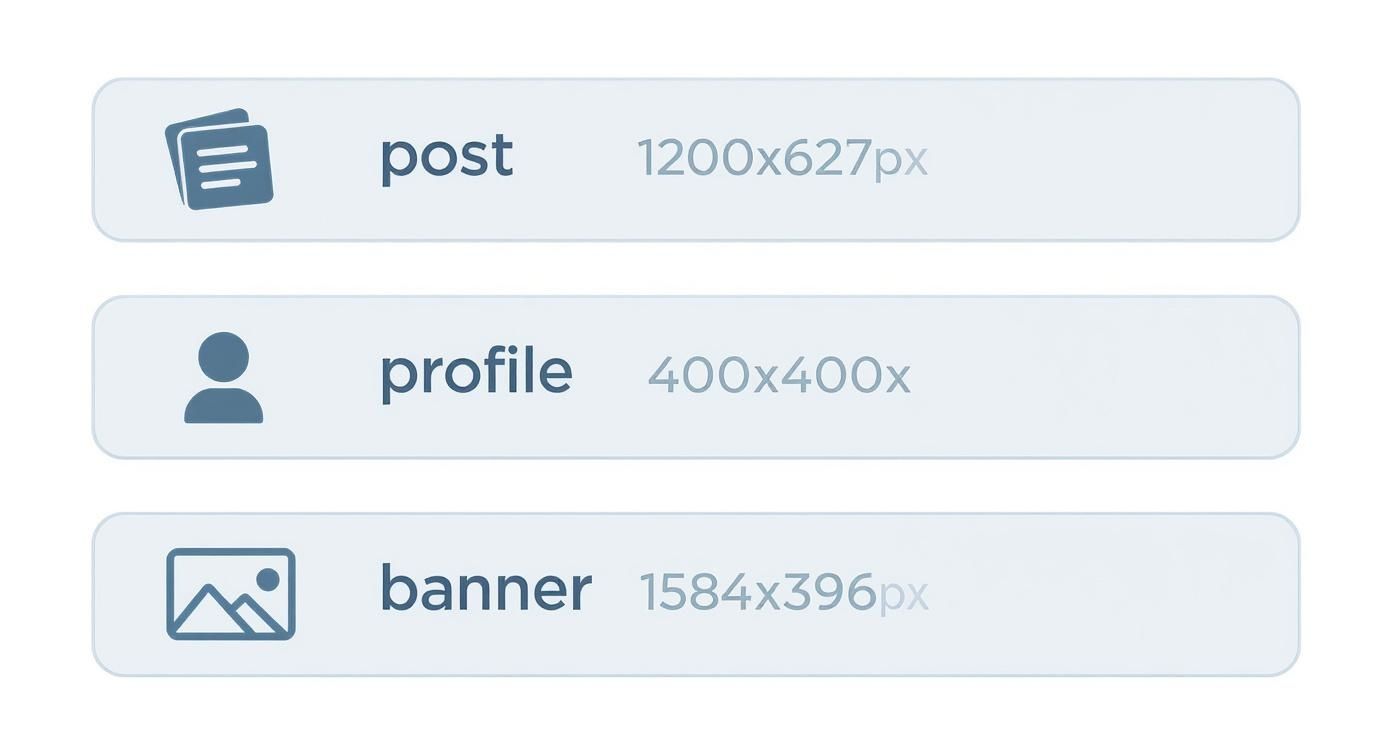 Infographic summarizing key LinkedIn image sizes for posts, profiles, and banners