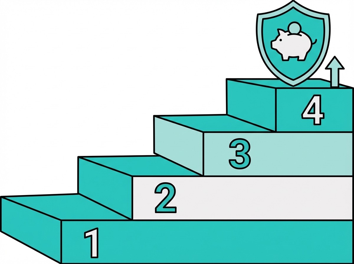 Grafik einer vierstufigen Treppe (1-4). Auf der obersten Stufe steht ein Schutzschild mit einem Sparschwein-Icon.