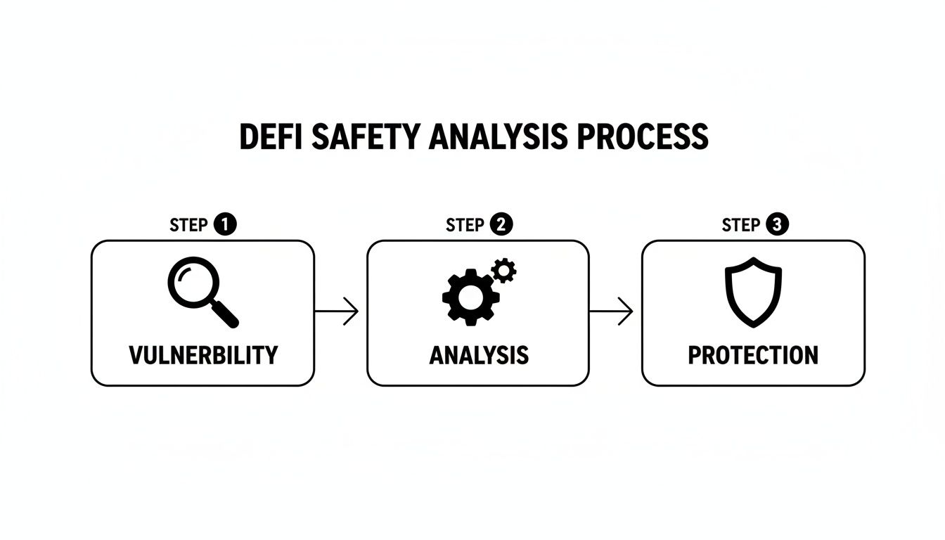 Flowchart illustrating the three-step DeFi safety analysis process: Vulnerability, Analysis, and Protection.