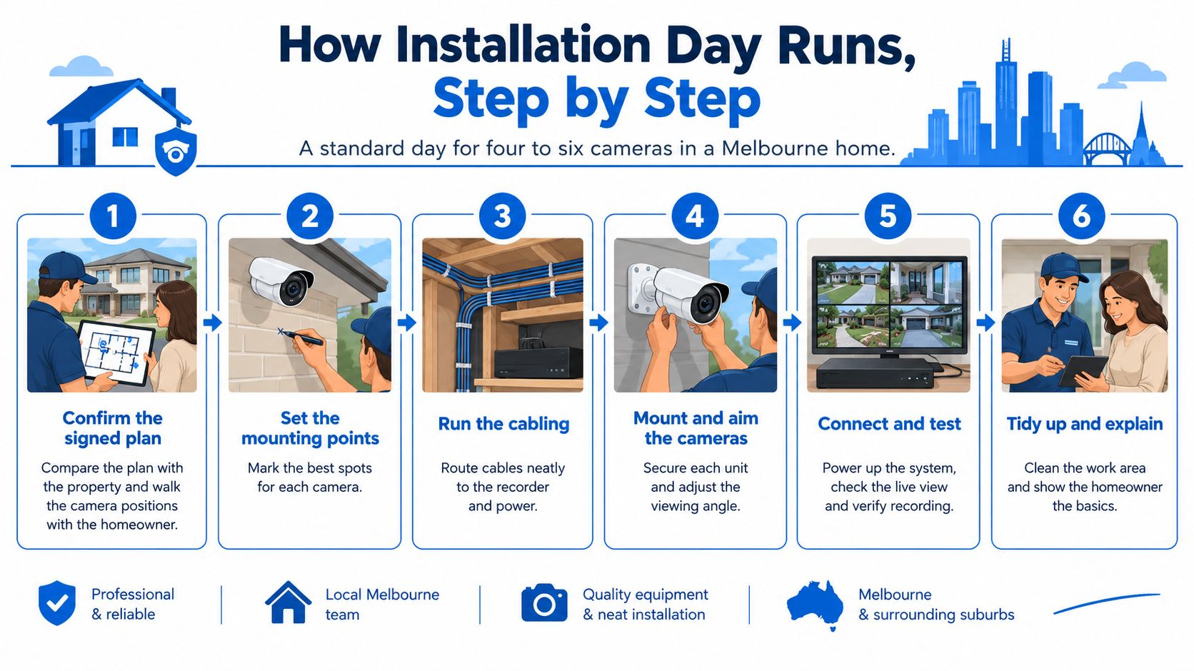 An infographic detailing the six-step process for installing a professional home CCTV security camera system.