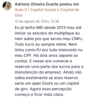 Comentário da aluna Adriana Oliveira Duarte na aula 3, sobre capital social e capital de giro