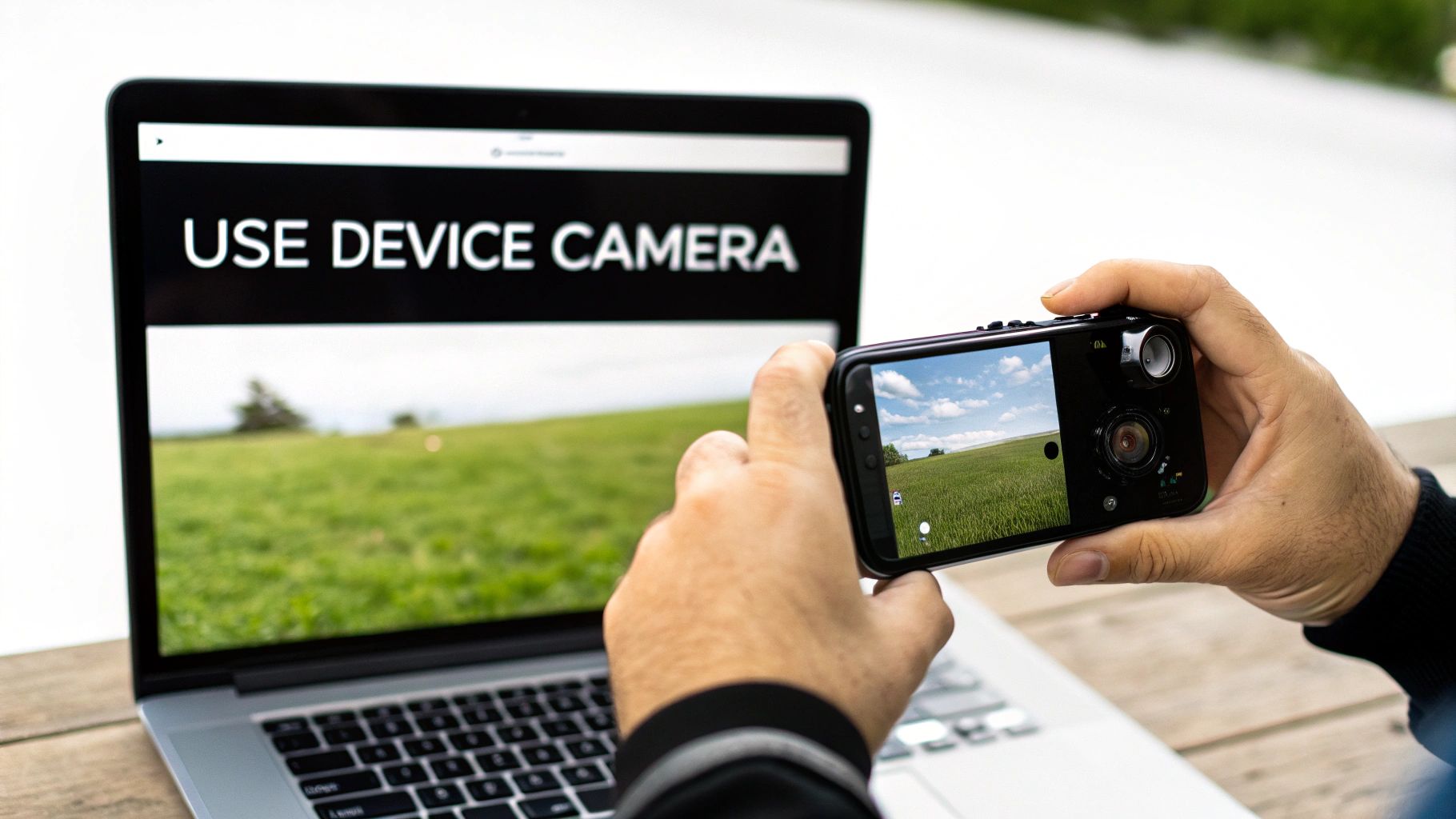 A smartphone displaying a camera interface, surrounded by icons for GPS, notifications, and other device features.