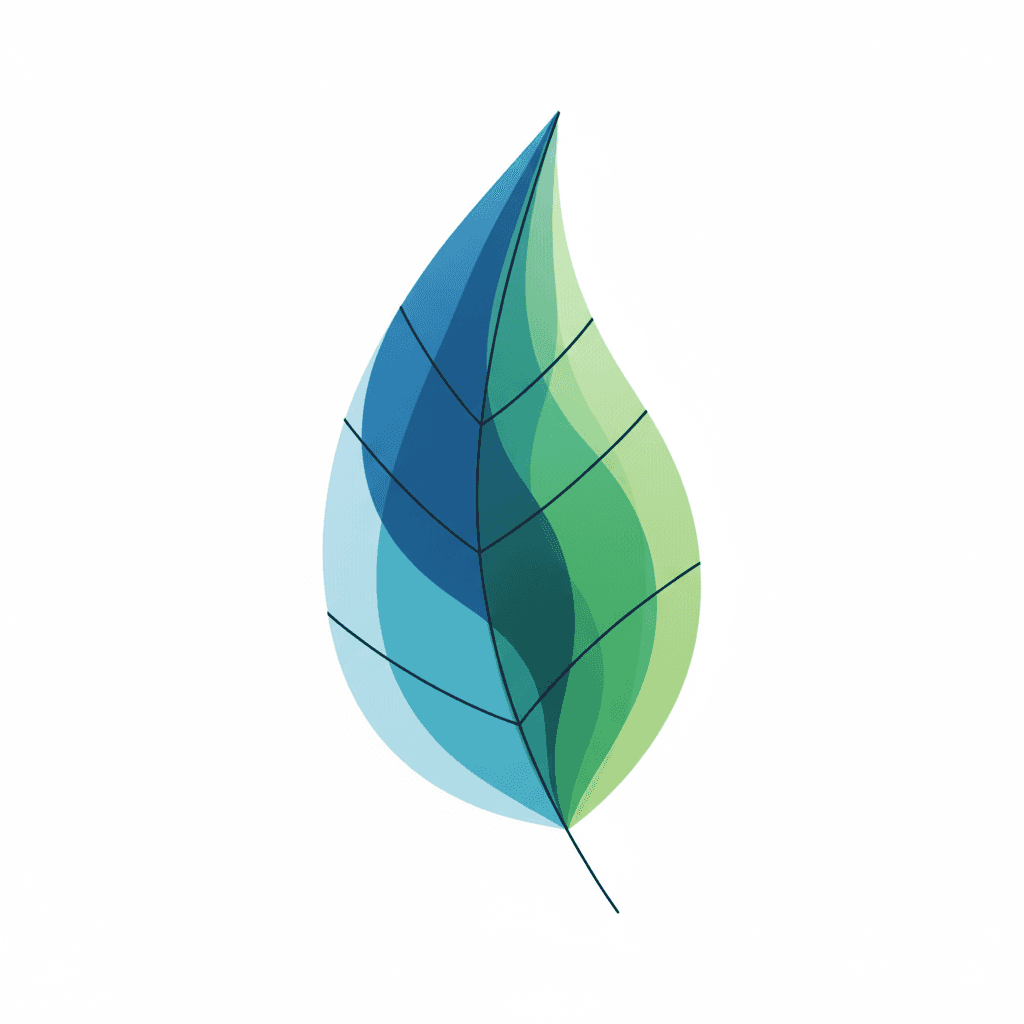 A single leaf, blue and green, with dark lines dividing it into sections, against a white background.