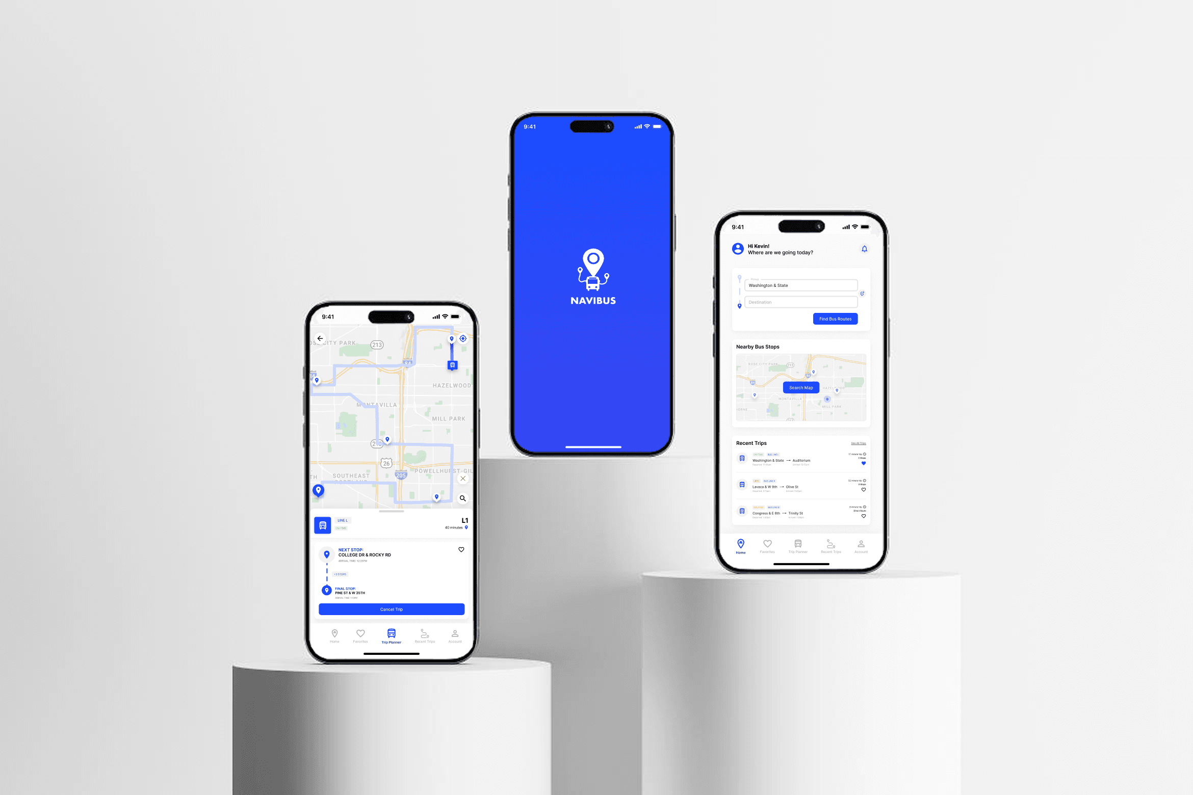 3 smartphones standing on 3 whote stones, in front of a white background, each showing a screen's design for a mobile app