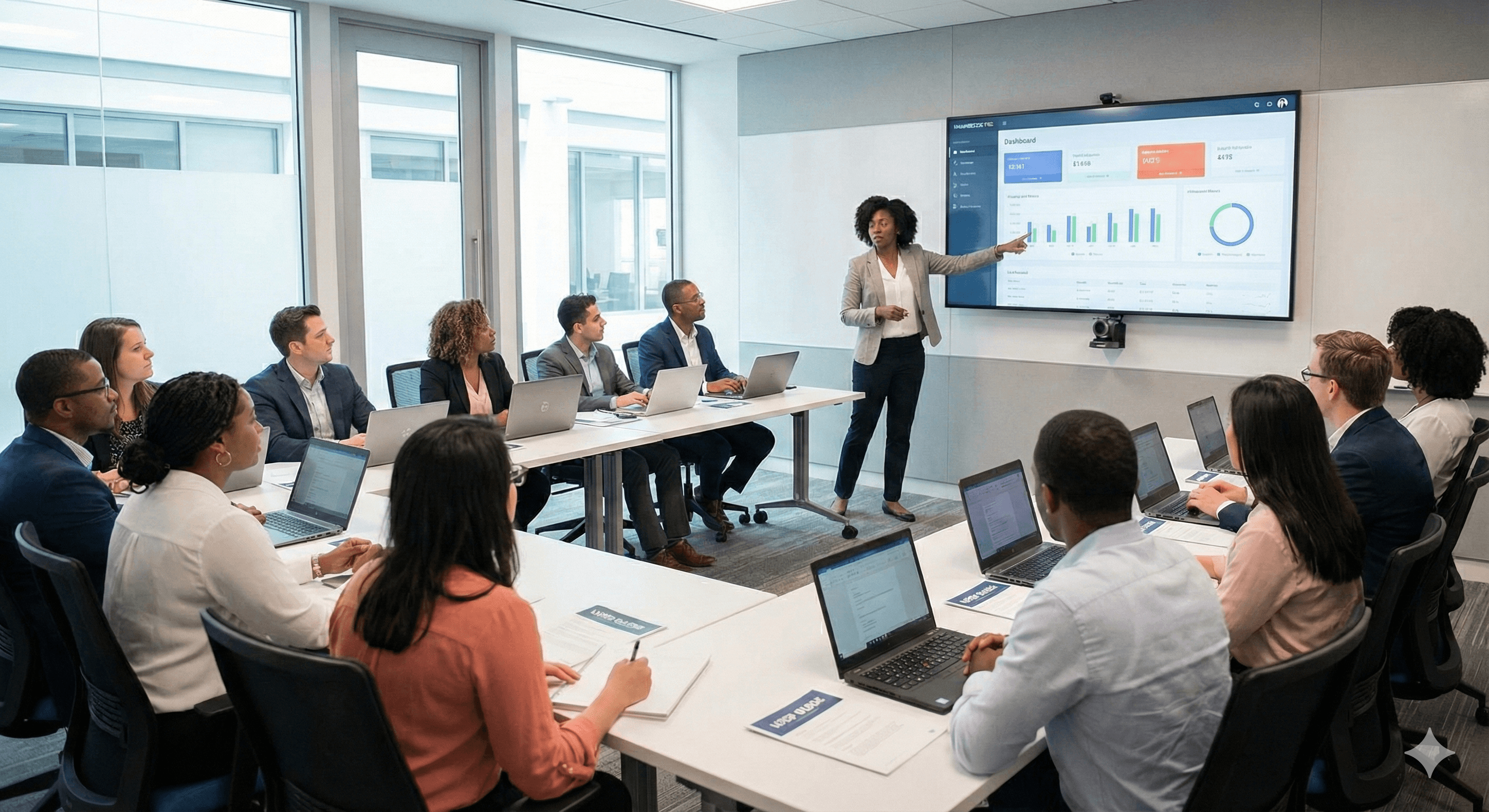 Conducting user training to ensure adoption of new financial software.