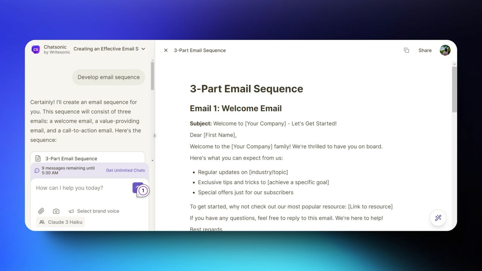 Screenshot of ChatSonic by Writesonic, creating a 3-part email sequence with a welcome email template, engaging the user with customer-friendly content.