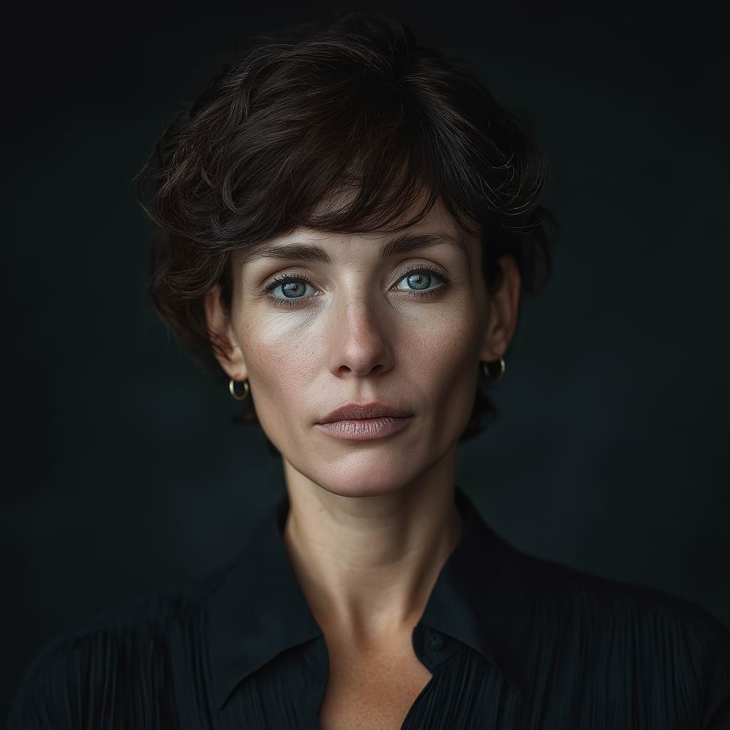 Close-up portrait of a serious woman with short brown hair and blue eyes against a dark background. She wears a black shirt and gold earrings.