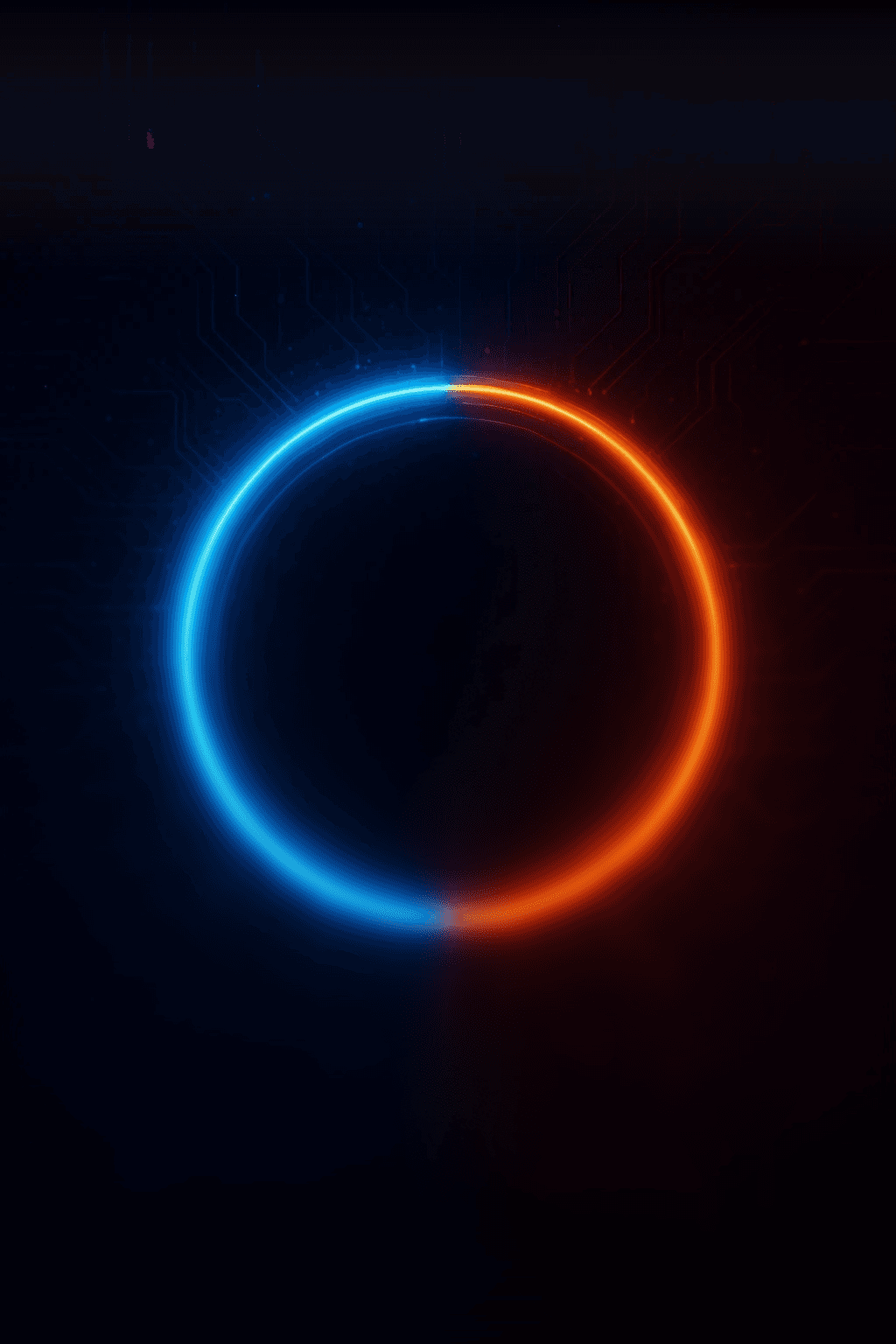 A sleek, minimalist wallpaper features a perfect circle, split evenly with a vibrant blue glow on the left and a fiery orange glow on the right. The background is a dark, almost black, color with subtle, intricate circuit board patterns in a faint blue, suggesting a high-tech, digital theme. The contrast between the cool blue and warm orange creates a striking visual balance.