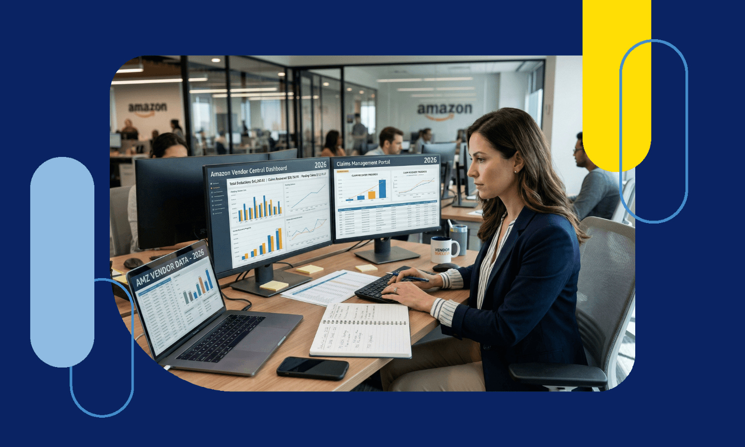 A professional consultant reviewing Amazon Vendor data and shortage claims on multiple screens in a modern office.